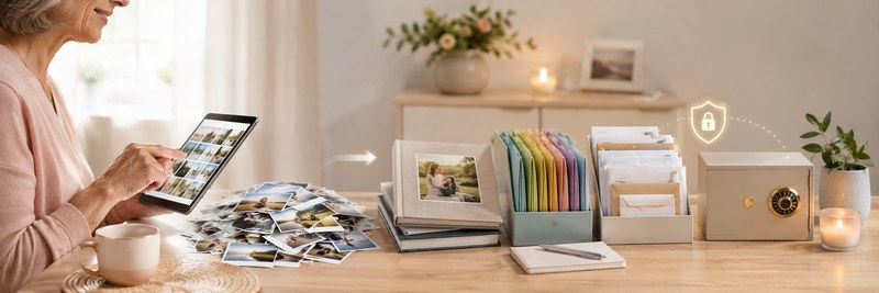 Une femme trie ses photos sur une tablette ; sur la table, un album, des dossiers colorés, du courrier et un petit coffre